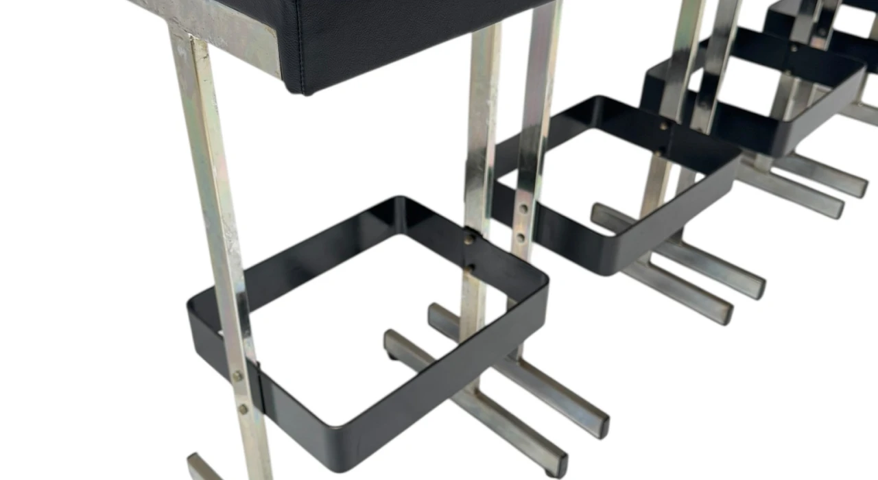 Four Mid-Century Modern Bar Stools with Black Leather Seats, 1970s